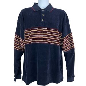 Vintage Men Velvet Rugby Polo Shirt L Navy Maroon Stripes Retro Preppy 90s‎ Dad